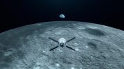 NASA Orion Spacecraft Over Moon Beyond Earth