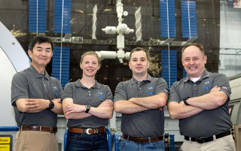 NASA&rsquo;s SpaceX Crew-11 Members Stand Inside the Space Vehicle Mockup Facility