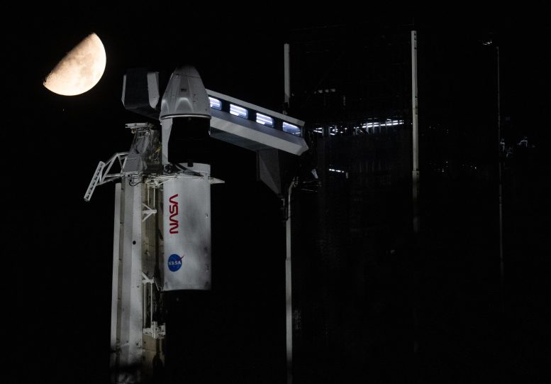 NASA SpaceX Falcon 9 Crew-7 Preflight With Moon