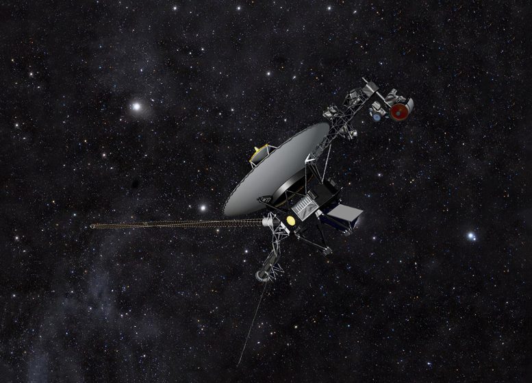 A representação artística presente neste trabalho retrata a espaçonave Voyager da NASA em contraste com um cenário estelar no vasto vazio do espaço. As duas sondas Voyager estão em constante afastamento da Terra, embarcando em uma jornada rumo ao espaço interestelar, com a perspectiva de futuramente orbitarem em torno do núcleo da Via Láctea.