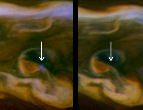 NASA's Cassini spacecraft capture lightning striking within the huge storm that encircled Saturn's northern hemisphere