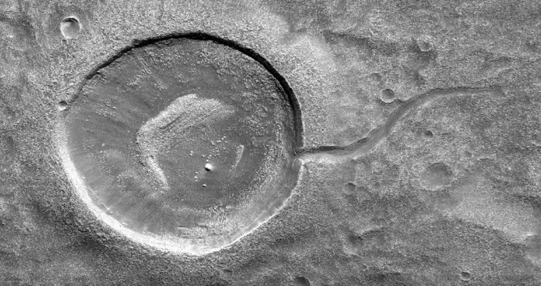 Mars Reconnaissance Orbiter Views Tadpole Shaped Crater on Mars