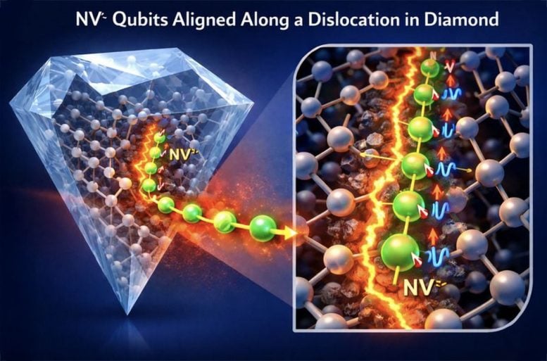 NV Qubits Aligned Along a Dislocation in Diamond