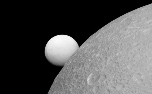 New Cassini Image of Dione and Enceladus