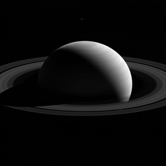 New Cassini Image of Tethys Above Saturn