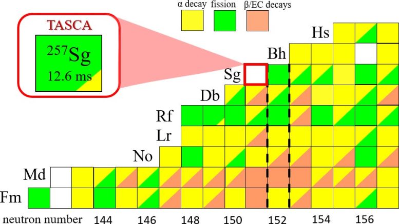 Nuclear Chart Showing the Measured Decay Properties of Seaborgium 257