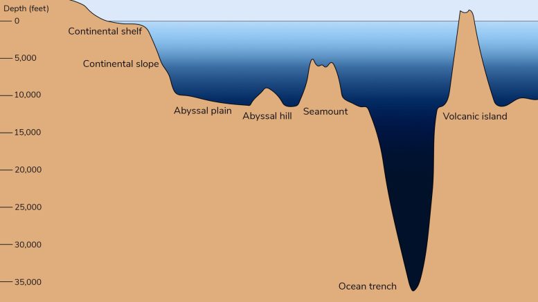 Ocean Floor Features on a Scale From 0–35,000 Feet Below Sea Level