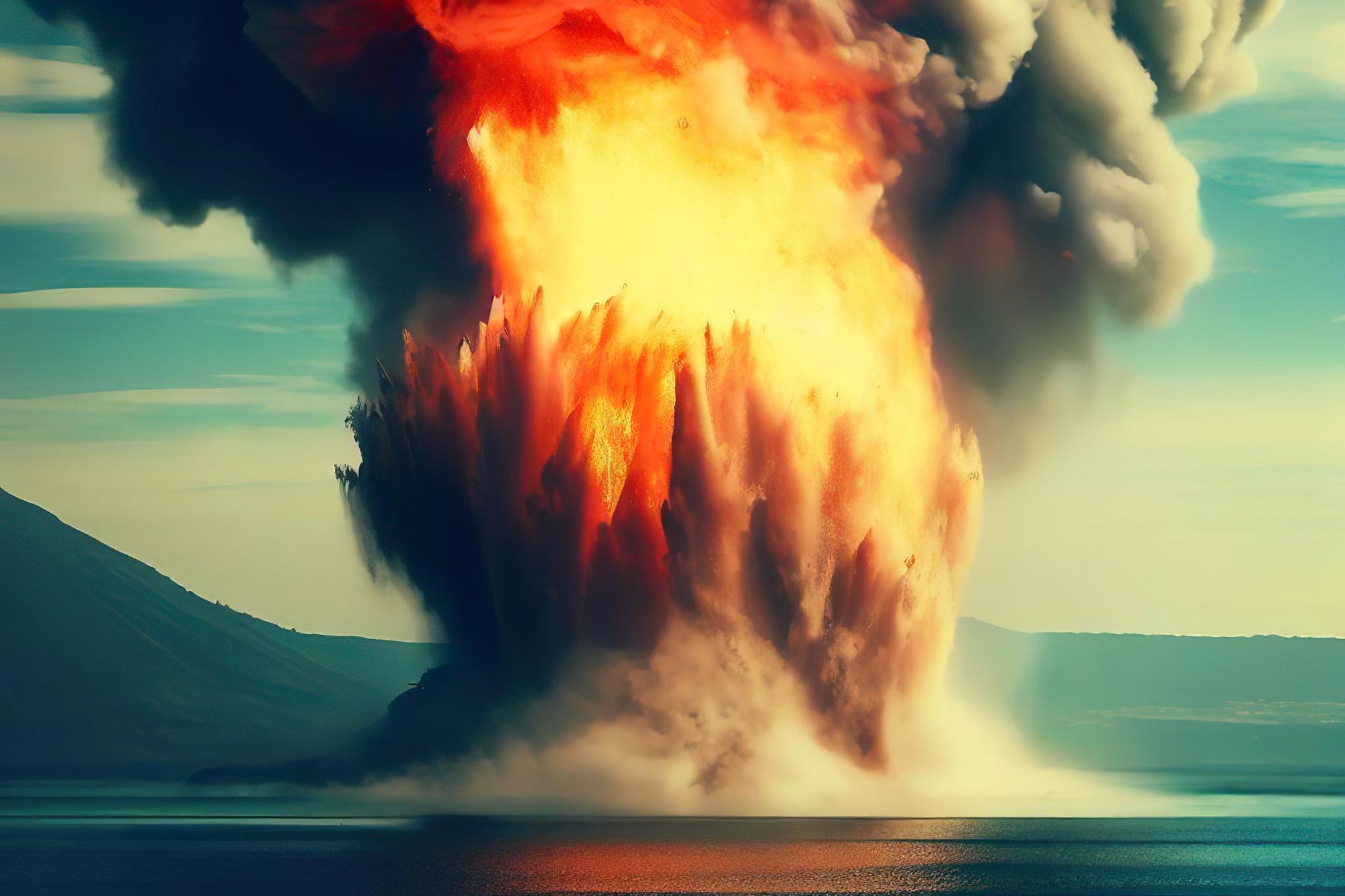 Arte conceitual de uma erupção de supervulcão oceânico
