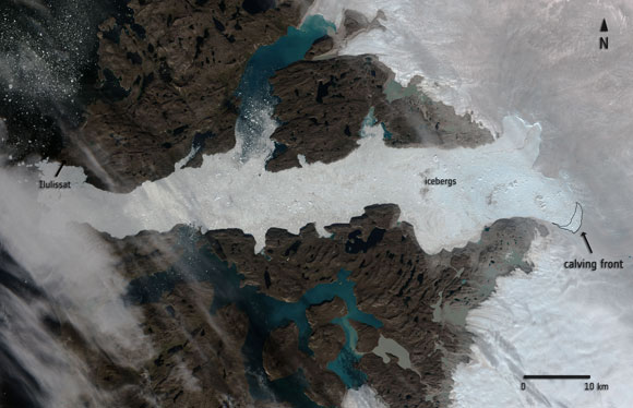 Optical Image of Jakobshavn Glacier in Western Greenland Shows Massive Calving Event