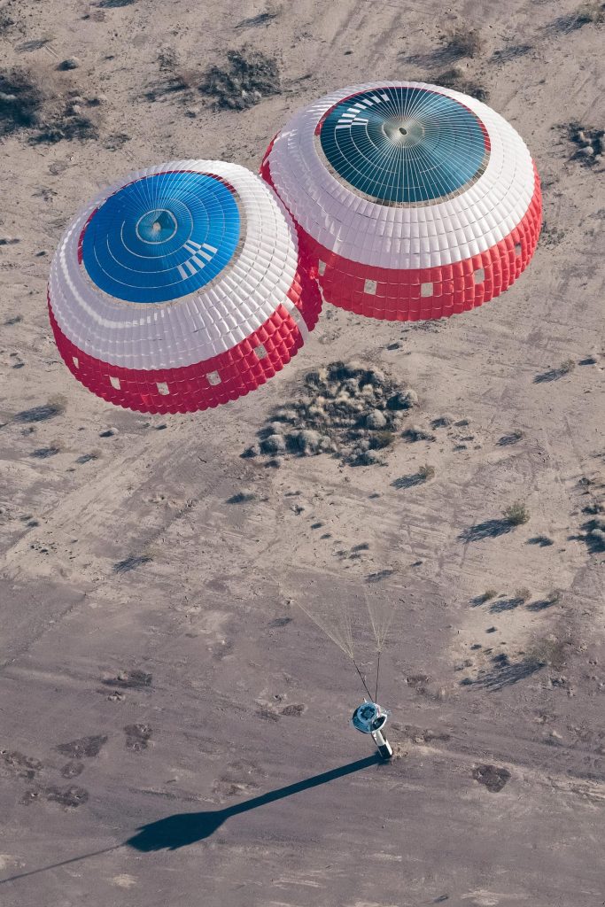 Parachutes Lower the Dart-Shaped Test Vehicle to the Ground