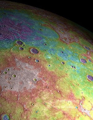 Perspective view of ancient volcanic plains in the northern high-latitudes of Mercury