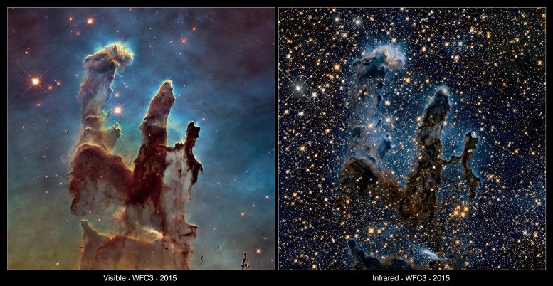 Pillars of Creation Hubble Visible and Infrared Comparison