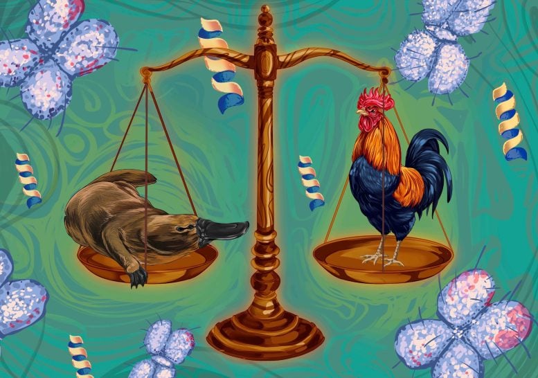 Platypus and Chicken on Scale Illustration