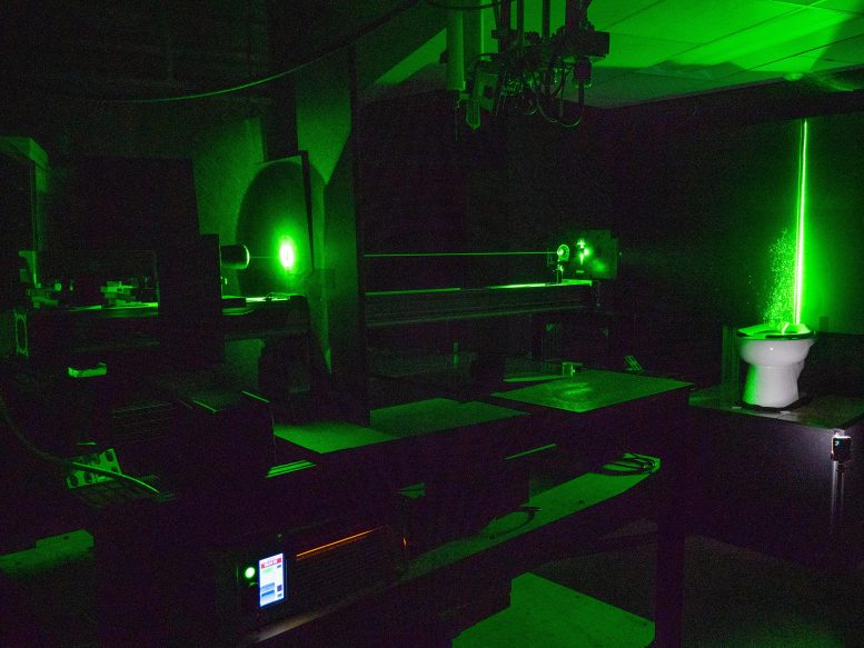 Výkonný zelený laser vizualizujte oblaky aerosolu z toalety