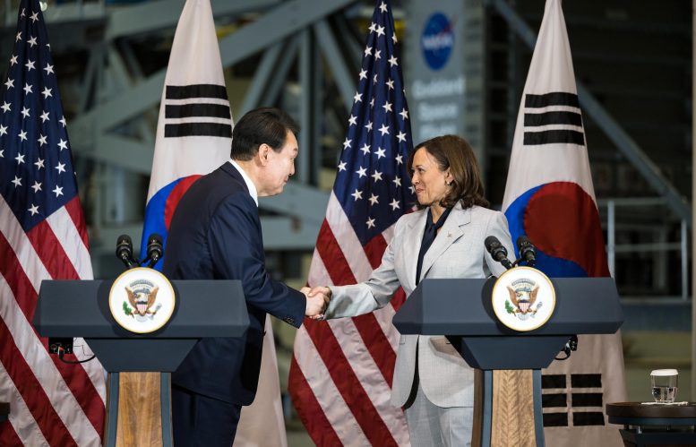 President Yoon Suk Yeol of the Republic of Korea Shakes Hands With Vice President Kamala Harris