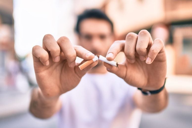 Quit Smoking Young Man Breaking Cigarette Outside