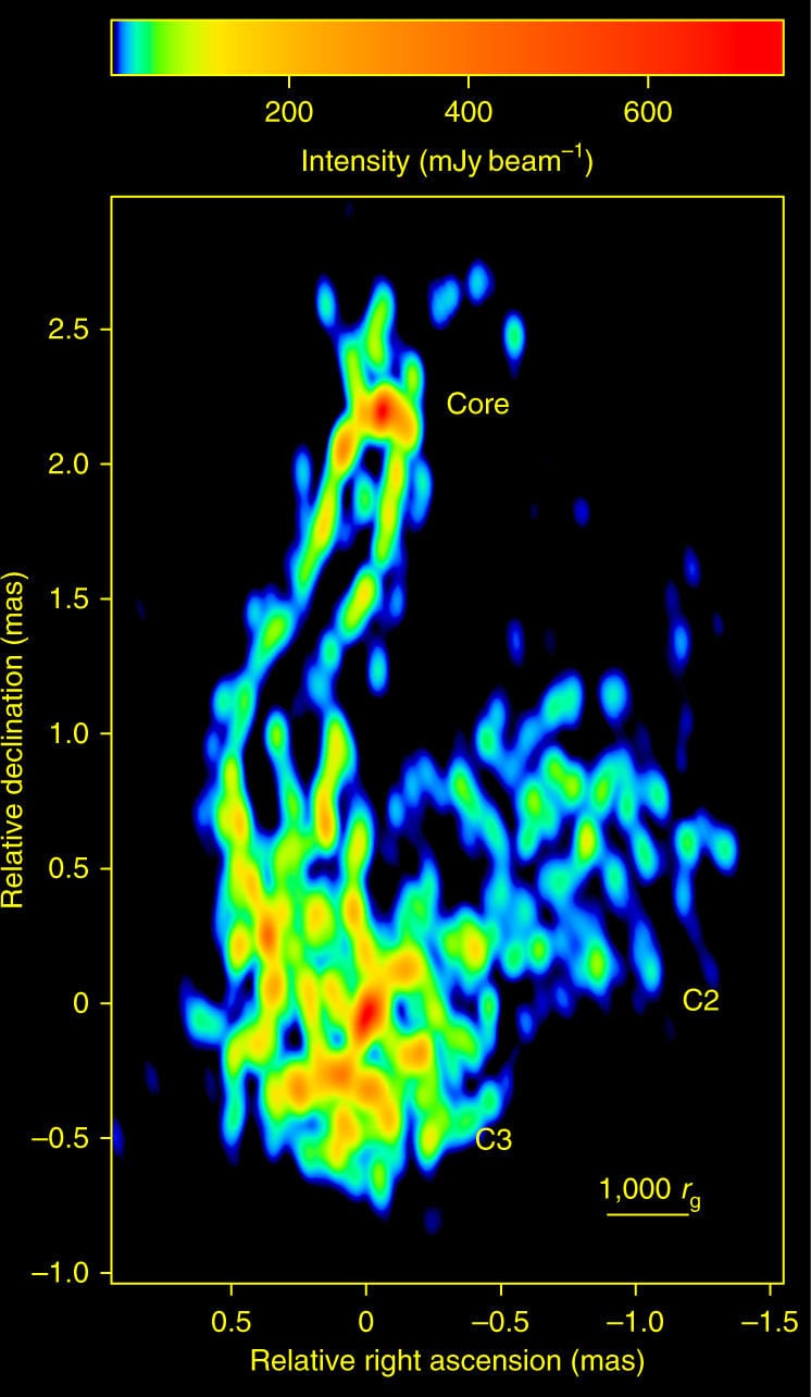 obrázek: Radioteleskop větší než Země zachytil vznik proudu plazmatu v blízkosti supermasivní černé díry