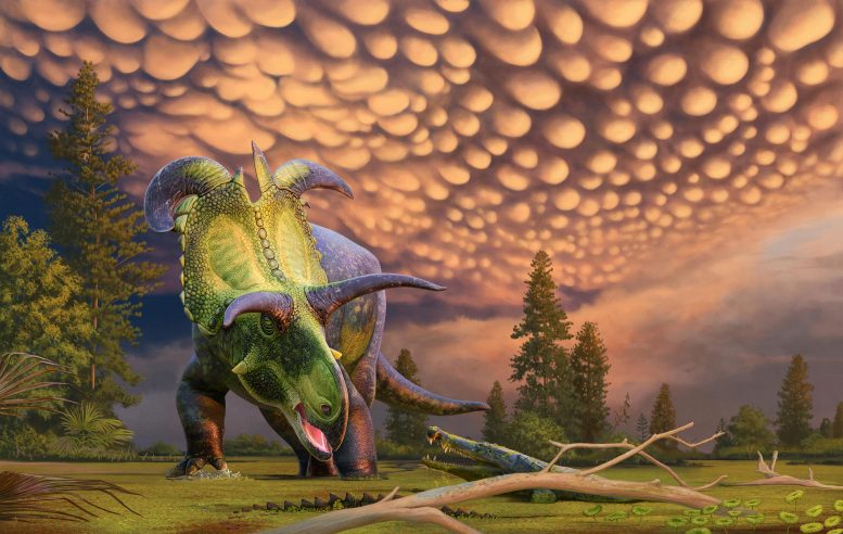 Reconstruction of Lokiceratops Surprised by Crocodilian