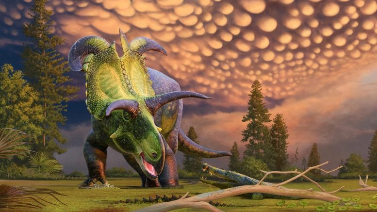 Reconstruction of Lokiceratops Surprised by Crocodilian Crop