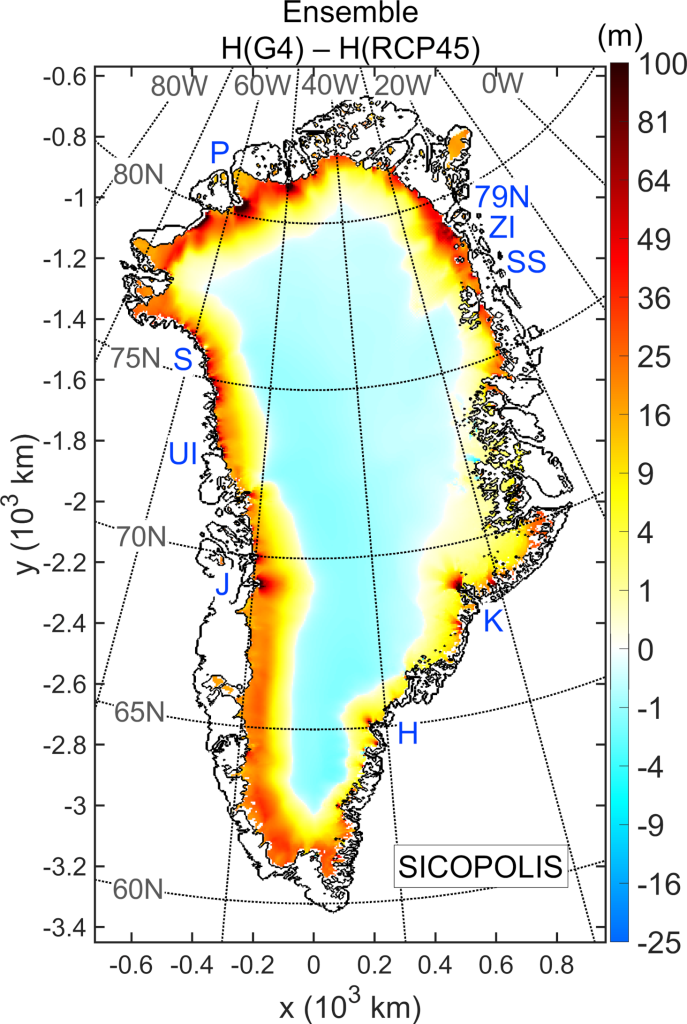 Resultados das simulações do SICOPOLIS comparando a mudança do manto de gelo da Groenlândia entre o GeoMIP G4 e o RCP4.5