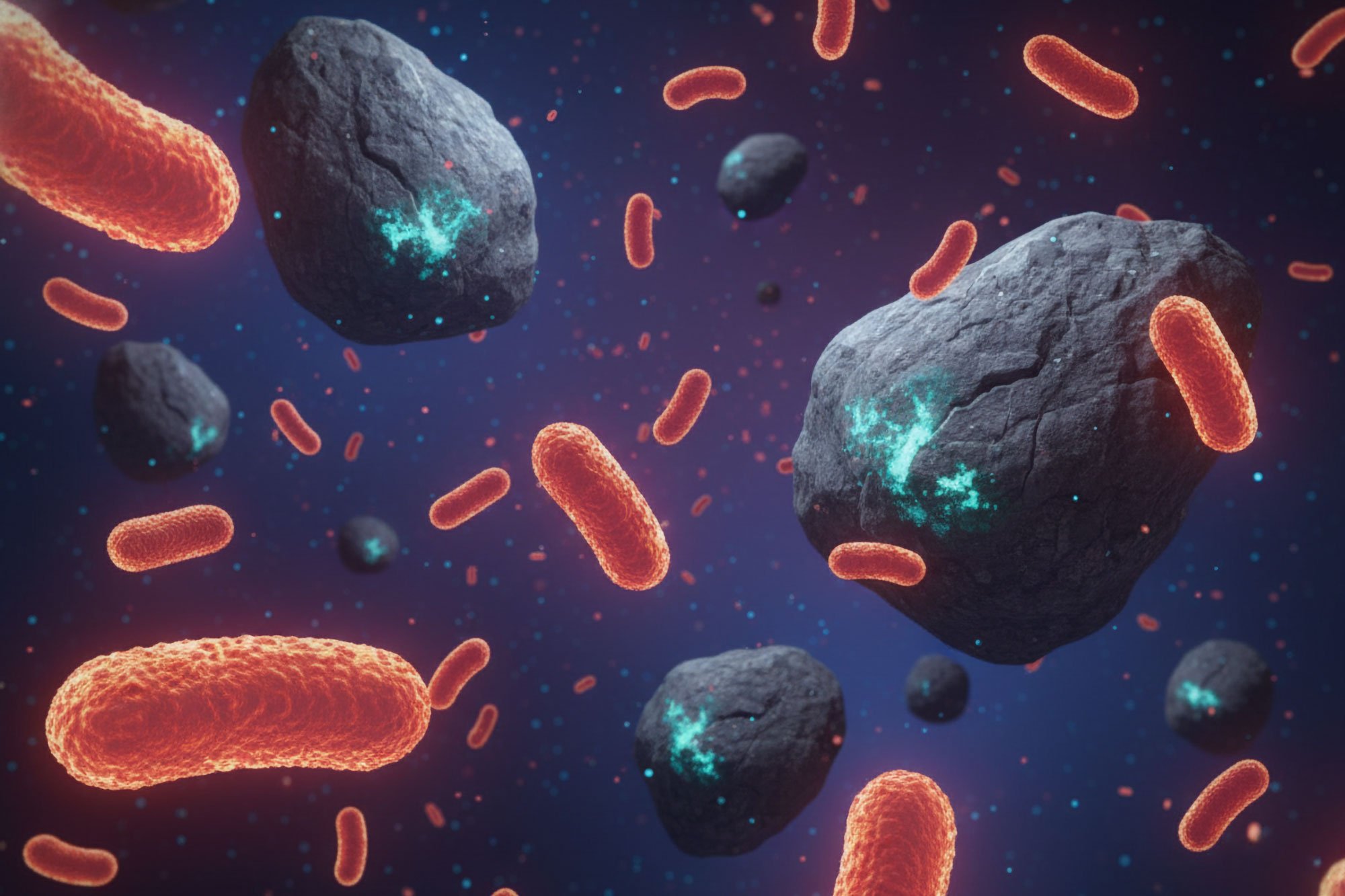 Illustration of bacteria interacting with rocks and minerals
