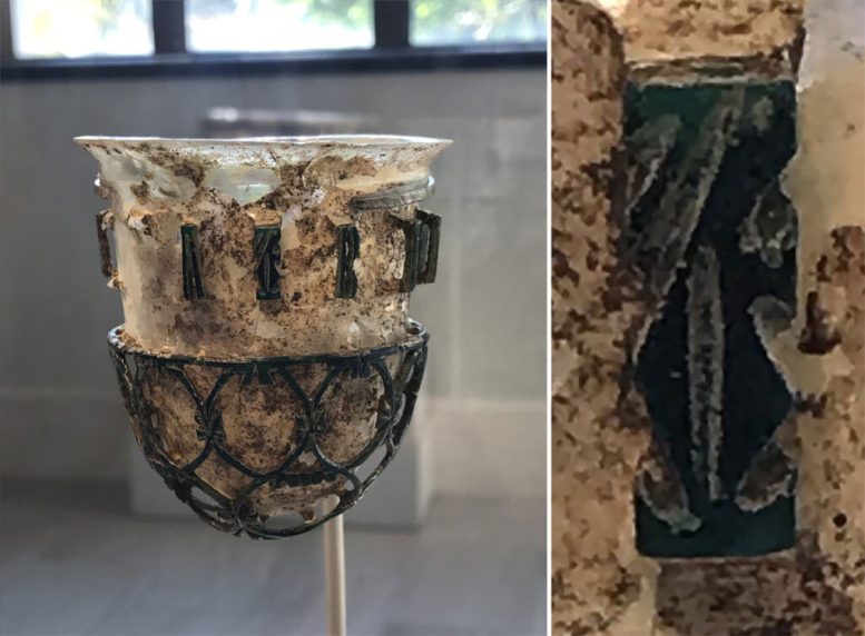 Roman Glass Openwork Vessel With a Detail of Its Symbol on the Right