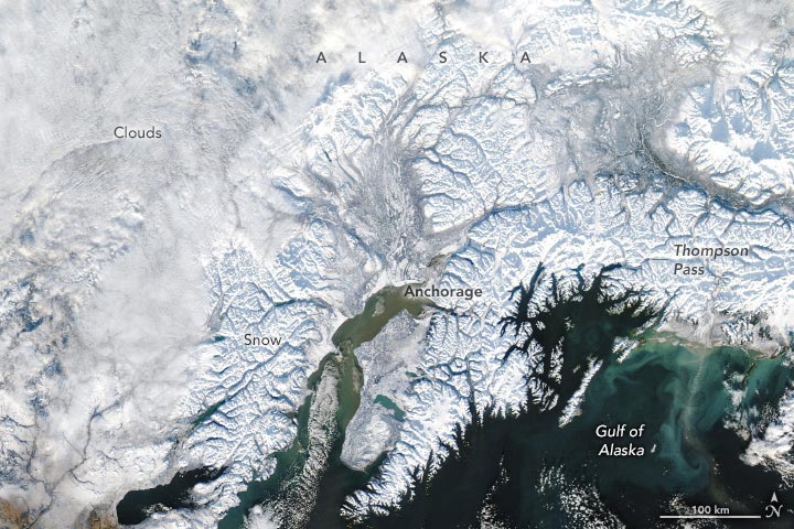 Vista de satélite Anchorage Alaska, novembro de 2023 anotado