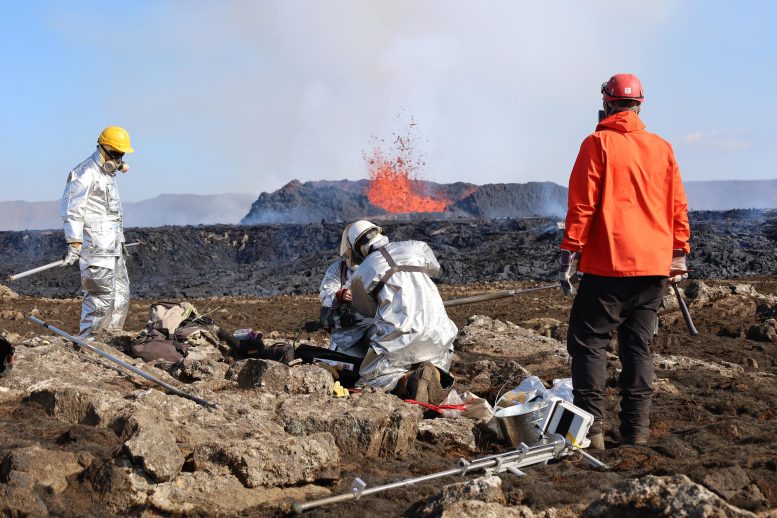 Scientists Collecting Volcanic Rock July 2023 Fagradalsfjall Eruption