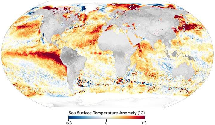 Anomalia da temperatura da superfície do mar, agosto de 2023 anotada