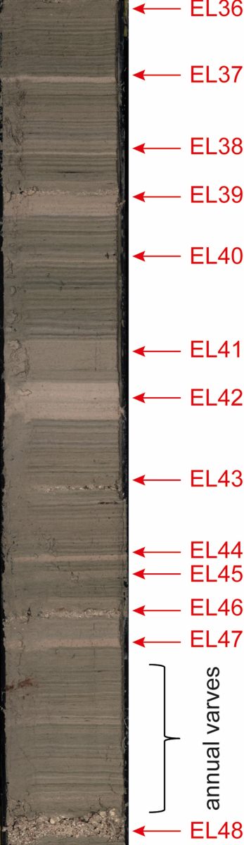 Section of Sediment Core Showing Storm Layers and Annual Varves