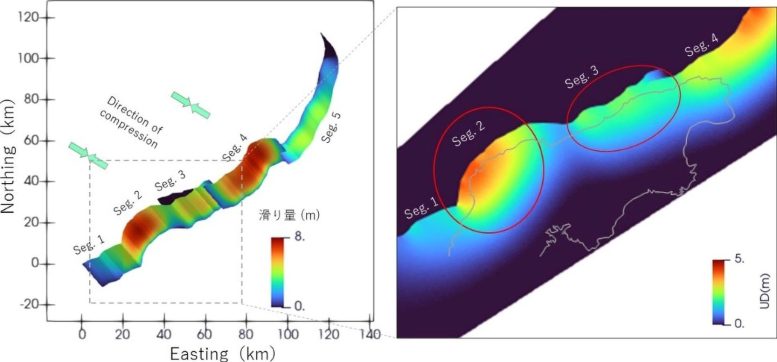 Simulation Showing Larger View of Slip Distributions on the Fault and Closeup of Uplift