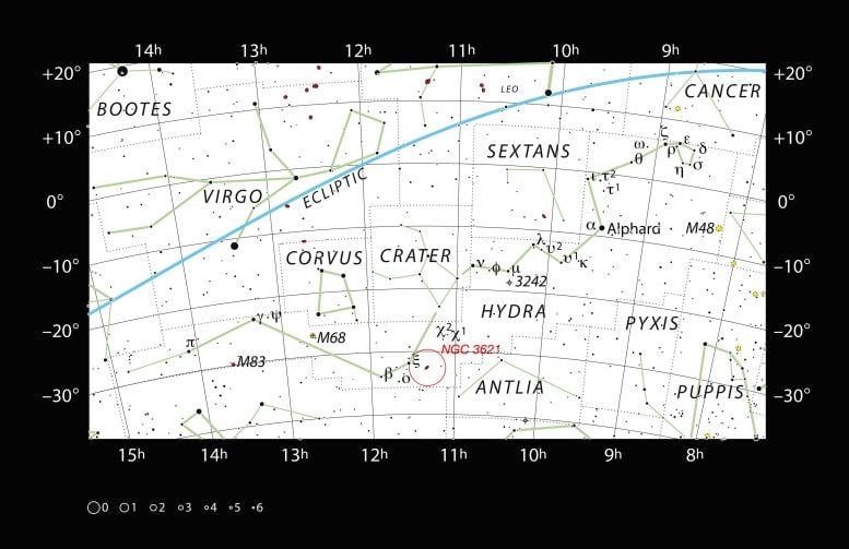 Sky Chart NGC 3621 in Hydra Constellation