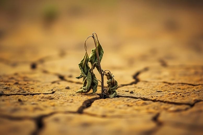 Small Withered Plant Dry Drought Cracked Desert Landscape