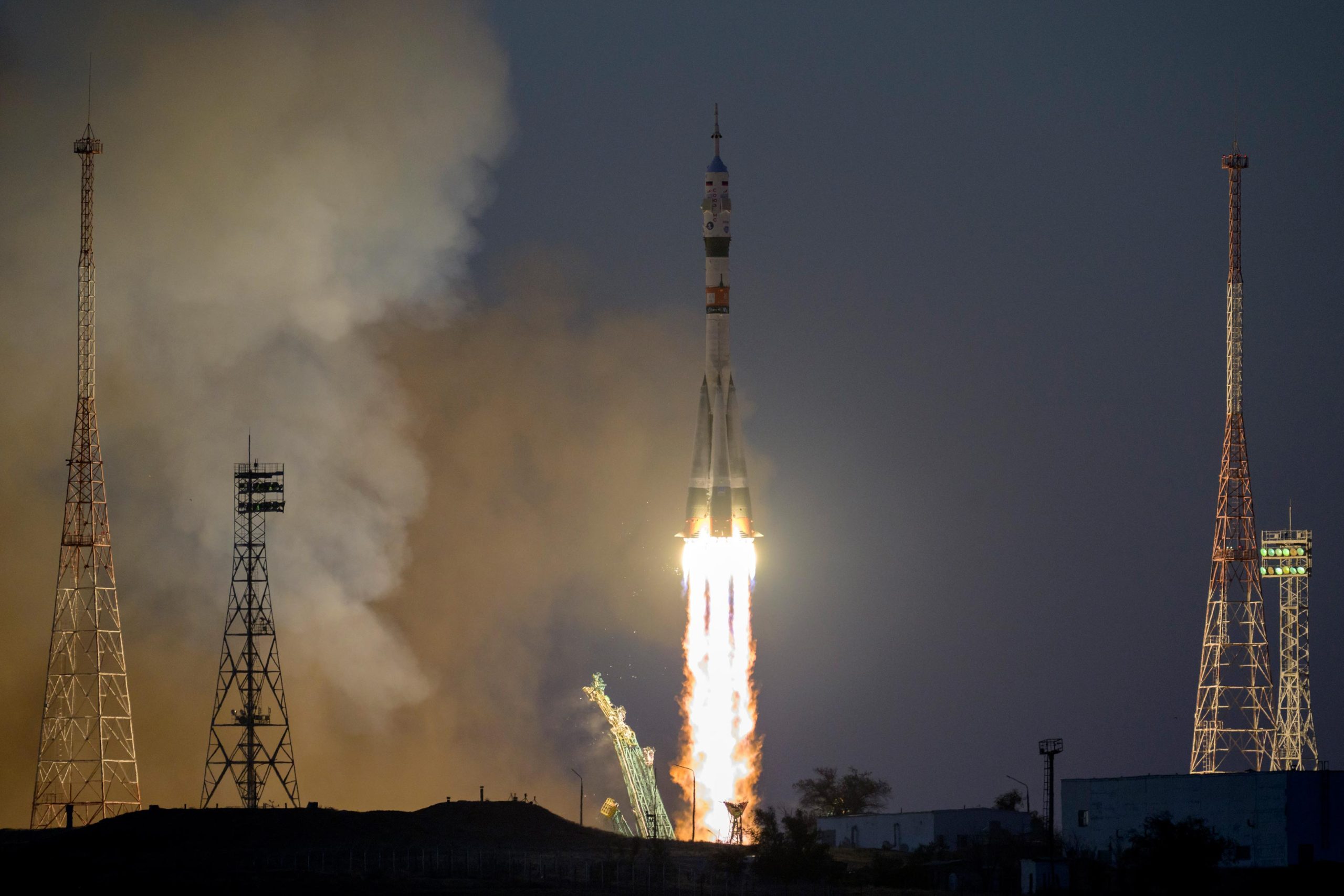 The International Space Station prepares near the launch of the Roscosmos and SpaceX crew ships