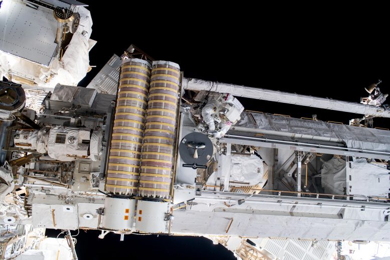 Spacewalker Stephen Bowen Works To Release a Roll-Out Solar Array