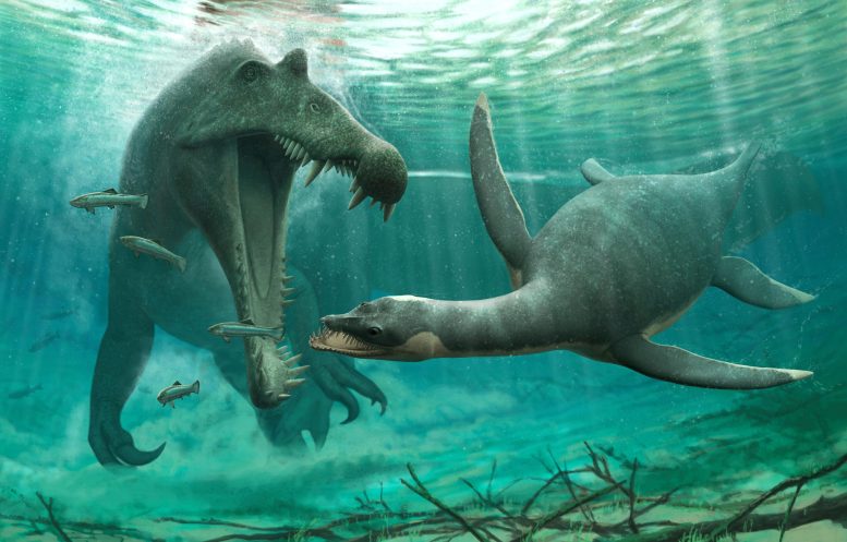 Spinosaurus and Plesiosaur in River