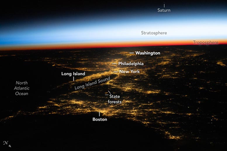 Sundown and Lights Up US Northeast From Space Station Annotated