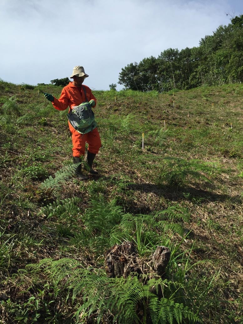  team member spreads fertilizer on a plot