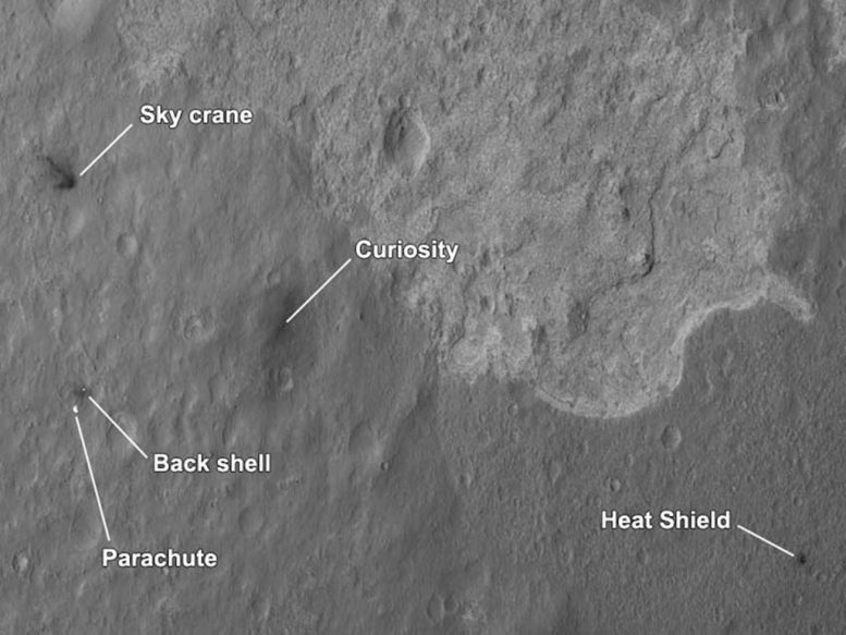 The four main pieces of hardware that arrived on Mars with NASA's Curiosity rover were spotted