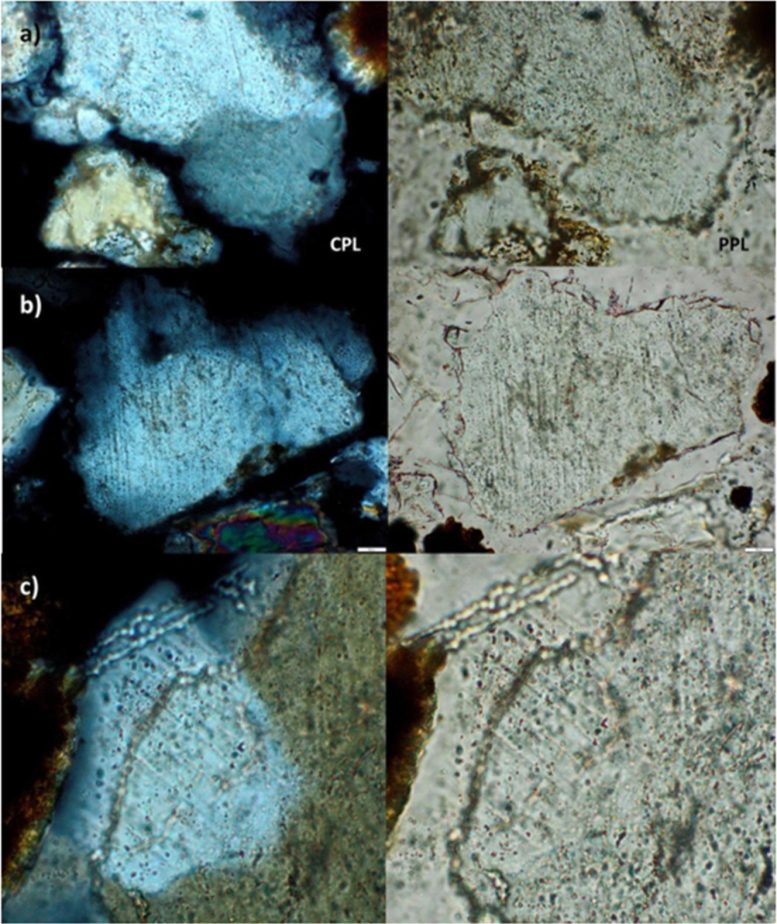 Thin Sections Showing Deformations in Three Quartz Grains