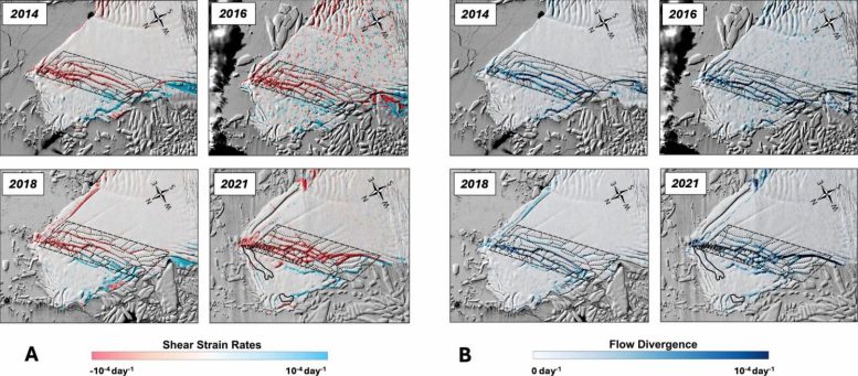 Time Lapse Maps of Shear Strain and Flow Divergence at Thwaites Glacier (2014&ndash;2021)