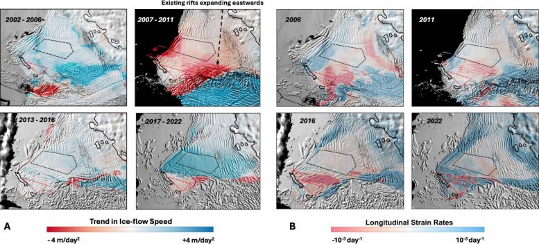 Time Series Maps of Ice Flow Speed Trends and Strain Rates at Thwaites Glacier (2002–2022)