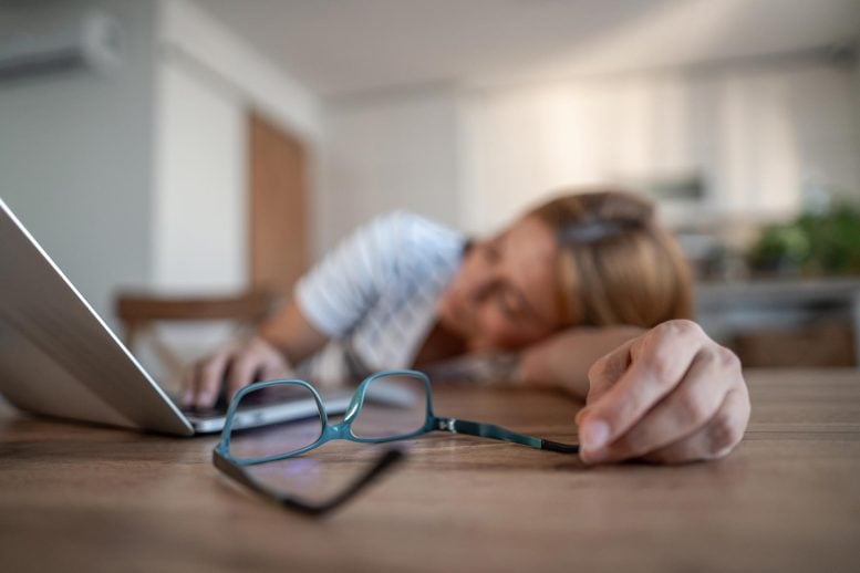 Tired Stressed Young Woman Sleeping Laptop