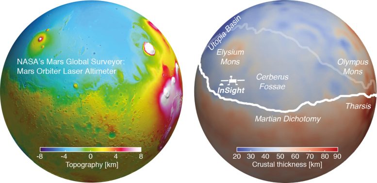 Topographic Map of the Martian Surface and Representation of the Crust Thickness