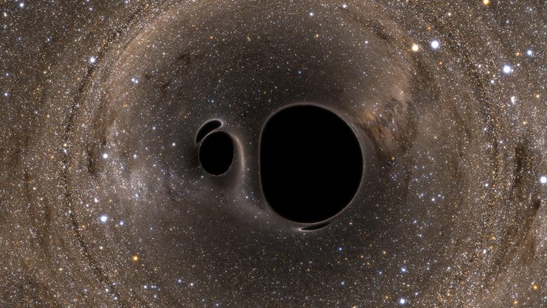 컴퓨터 렌더링을 병합하려는 두 개의 블랙홀