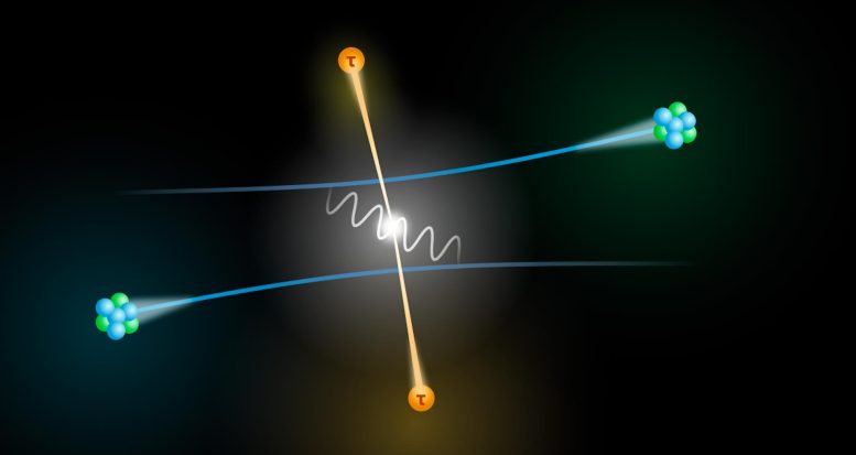 Two Lead Ions Near Miss Produce Tau Particles