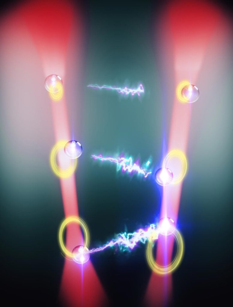 Two Particles in Two Laser Beams Are Coupled Nonreciprocally