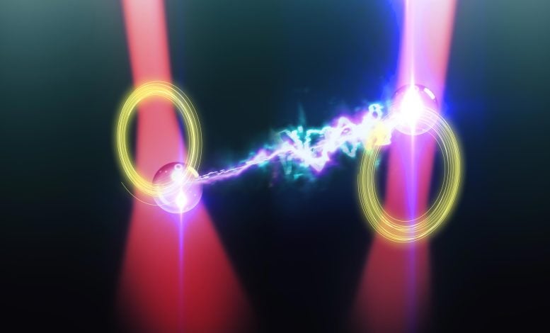 Two Particles in Two Laser Beams Are Coupled Nonreciprocally
