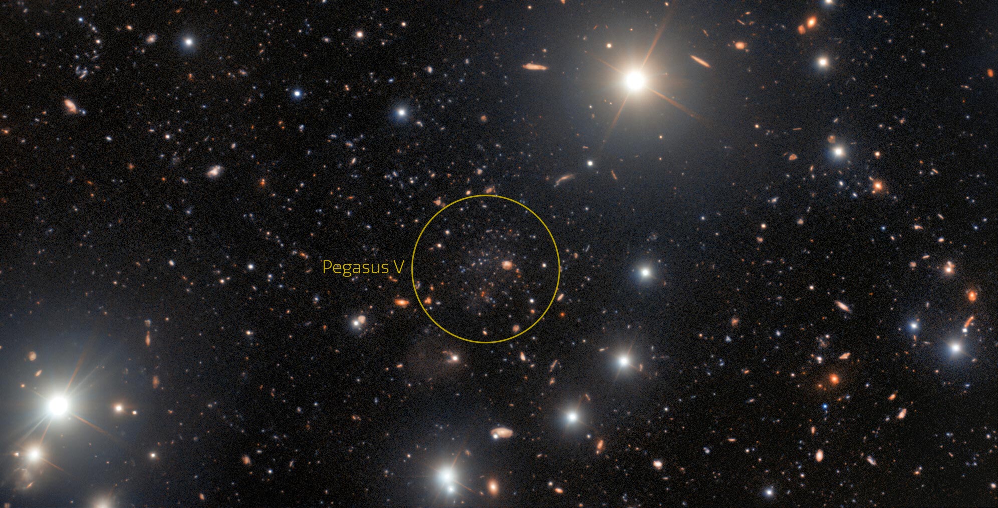 अल्ट्रा-बेहोश बौना गैलेक्सी पेगासस वी[1]Ostro oko amaterskega astronoma je na obrobju Andromedine galaksije odkrilo nenavadno ultrašibko pritlikavo galaksijo.  Zasluge: International Gemini Observatory/NOIRLab/NSF/AURA Zahvala: Obdelava slik: TA Rector (Univerza Aljaske Anchorage/NSF's NOIRLab), M. Zamani (NSF's NOIRLab) in D. de Martin (NSF's NOIRLab)</p></noscript>
<p><span id=