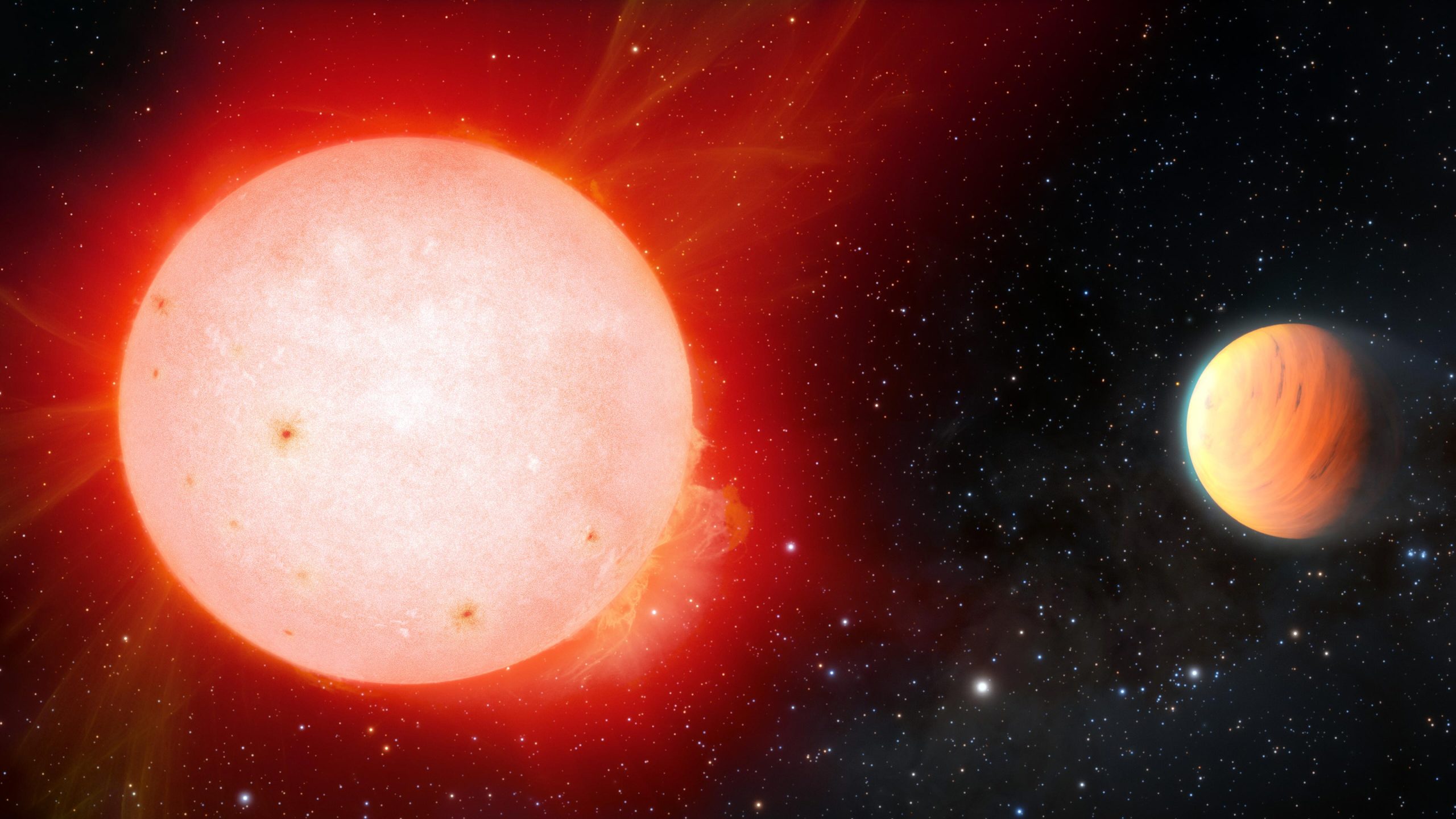 素晴らしい赤い矮星を回す巨大なふわふわの惑星